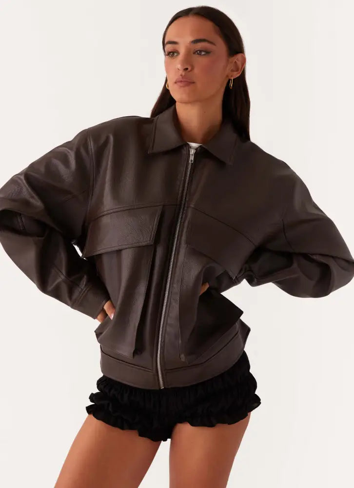 Lula Faux Leather Bomber Jacket - Chocolate - Jackets + Coats