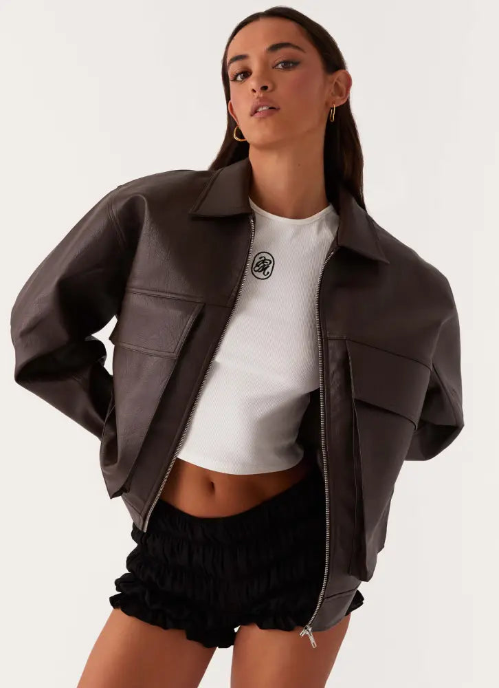 Lula Faux Leather Bomber Jacket - Chocolate - Jackets + Coats