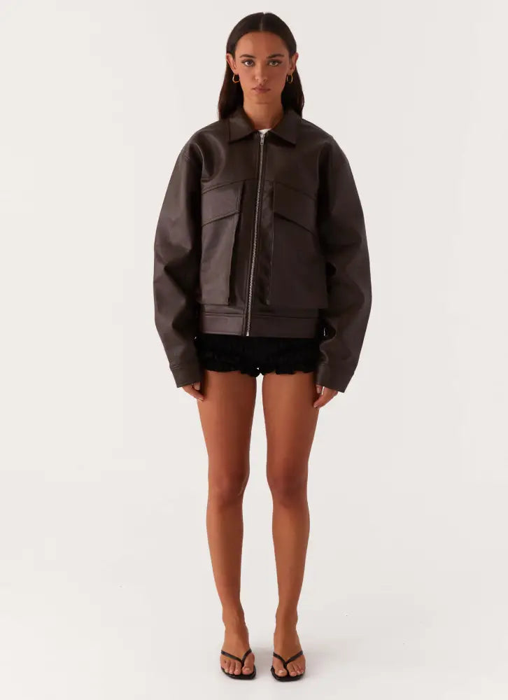Lula Faux Leather Bomber Jacket - Chocolate - Jackets + Coats
