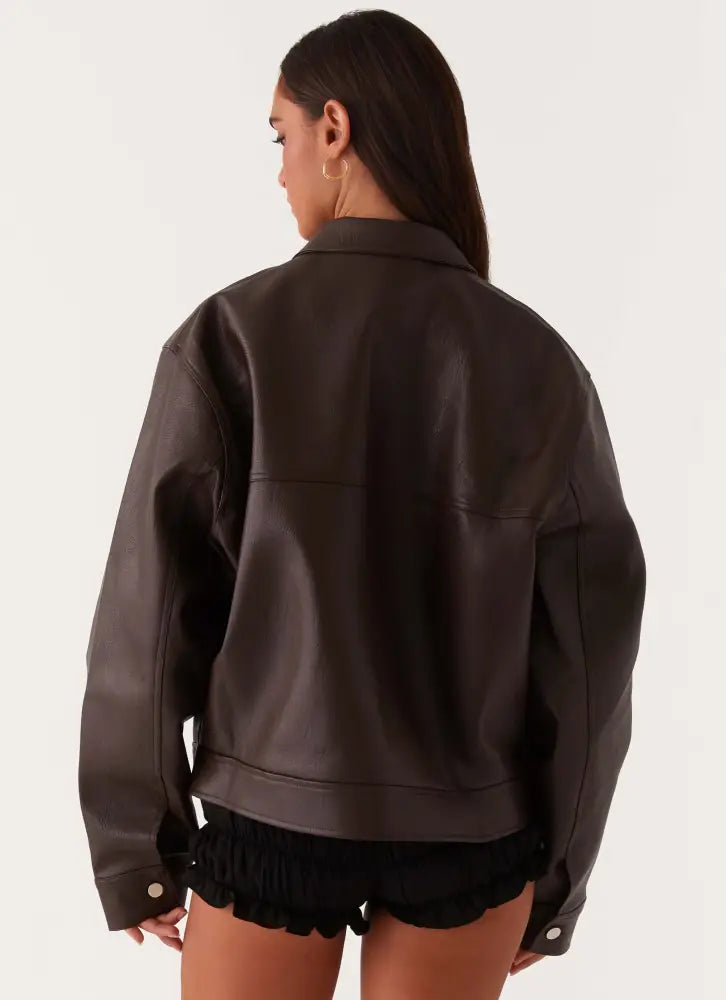 Lula Faux Leather Bomber Jacket - Chocolate - Jackets + Coats