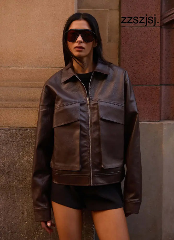 Lula Faux Leather Bomber Jacket - Chocolate - Jackets + Coats