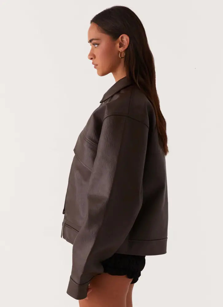 Lula Faux Leather Bomber Jacket - Chocolate - Jackets + Coats
